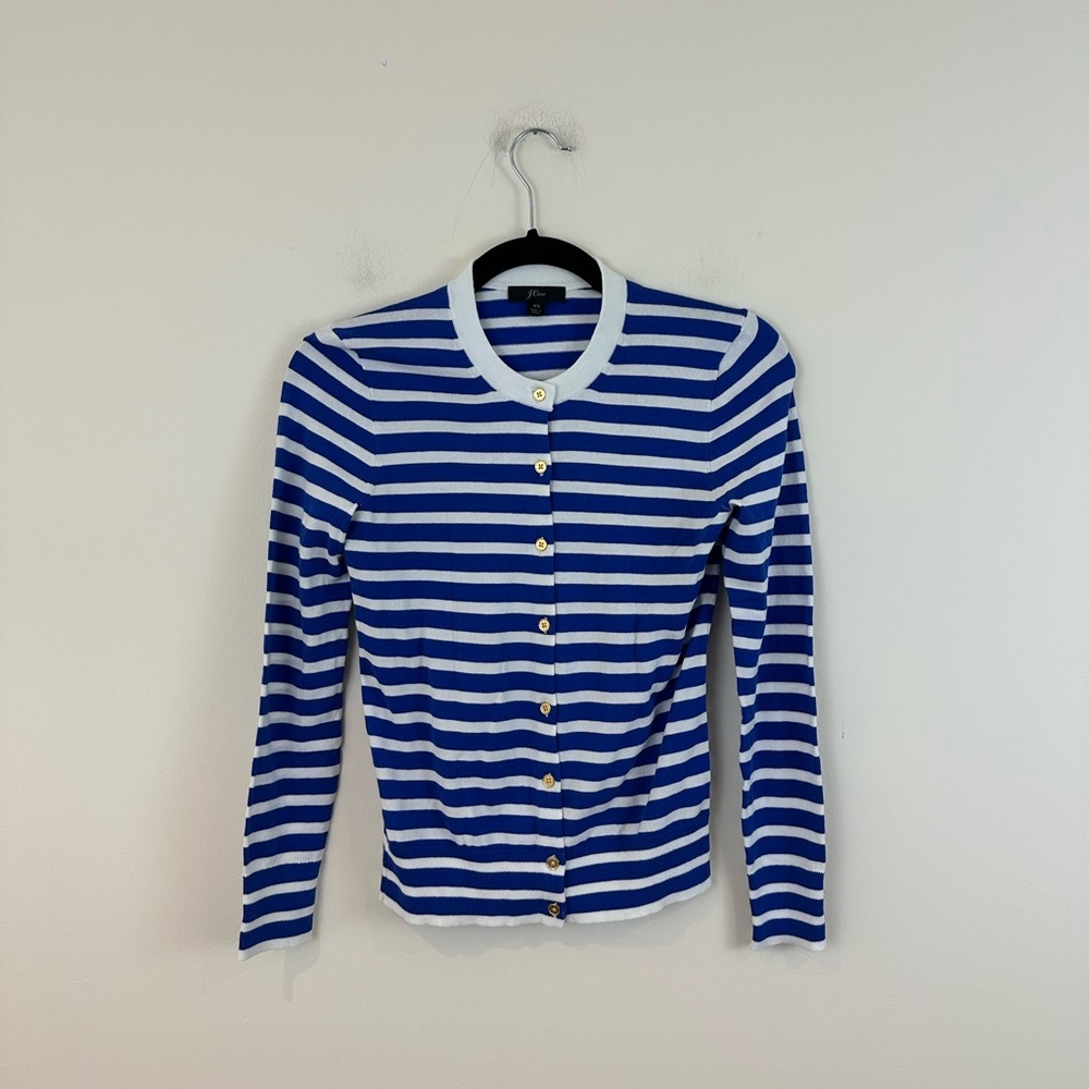 J. Crew Royal Blue & White Striped Button-Up Cardigan Cotton Blend Size XS